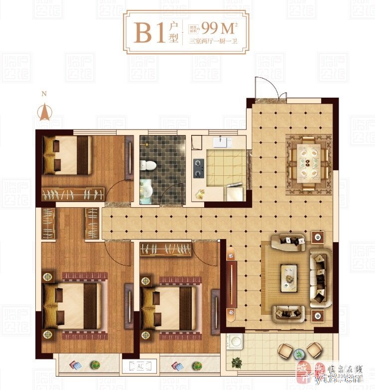 一手免佣代理,临庐公馆3室2厅1卫户型有99㎡-137㎡